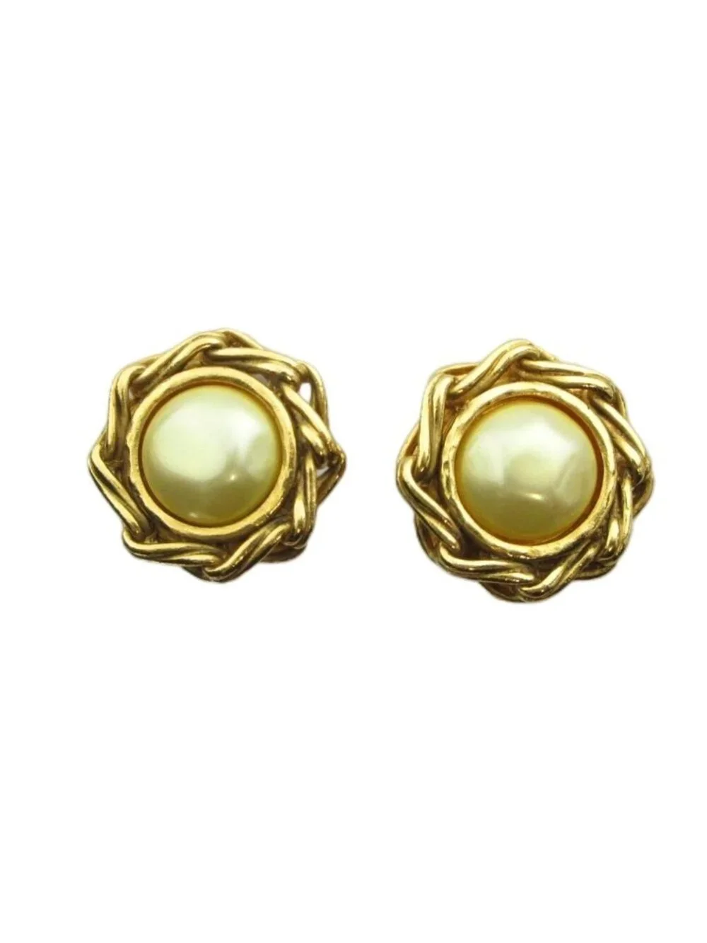 Chanel Earrings Clip on Logo Faux Pearl Gold
